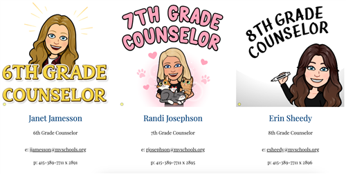 Bitmojis with contact information for each MVMS counselor